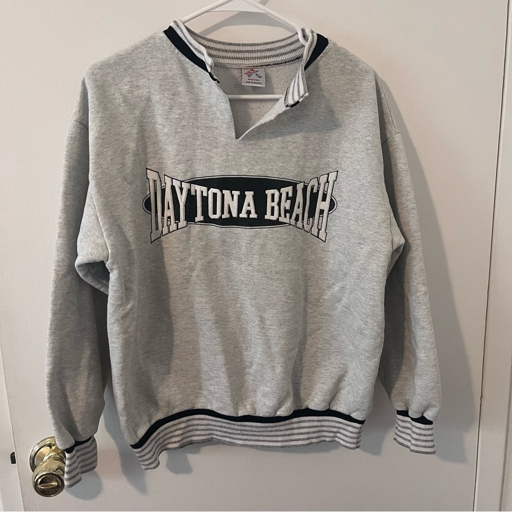 Vintage Daytona Beach Pullover Split Crewneck Sweatshirt Gray Unisex S / M - Picture 2 of 12